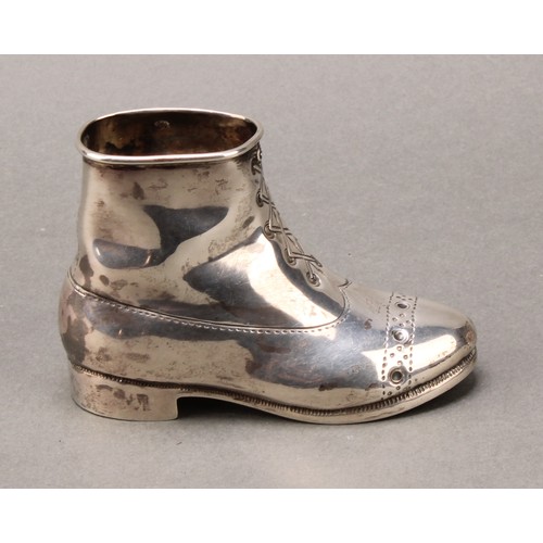 272 - A Victorian silver novelty table vesta and match striker, as a boot, 10cm long, James Greaves & Son,... 