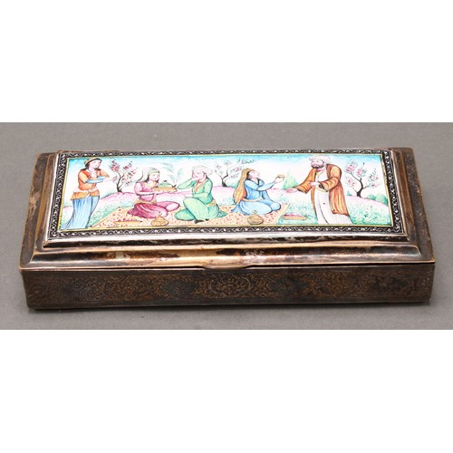 158 - A Persian silver and enamel rectangular box, the hinged cover decorated in polychrome with figures o... 