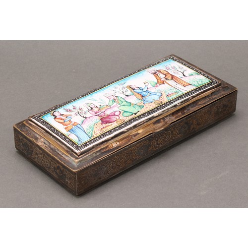 158 - A Persian silver and enamel rectangular box, the hinged cover decorated in polychrome with figures o... 