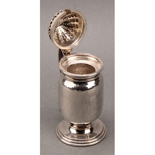 295 - Omar Ramsden - an Arts and Crafts silver mustard, hinged domed cover, angiular scroll handle, lightl... 