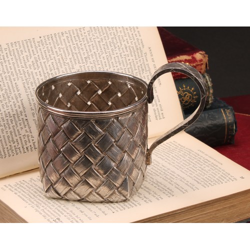 199 - A Russian silver faux basket-weave cup holder, 9cm to top of scroll handle, 84 zolotnik mark, dated ... 