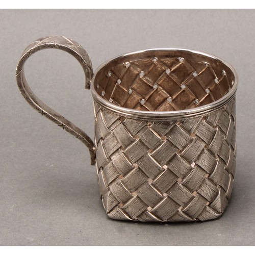 199 - A Russian silver faux basket-weave cup holder, 9cm to top of scroll handle, 84 zolotnik mark, dated ... 