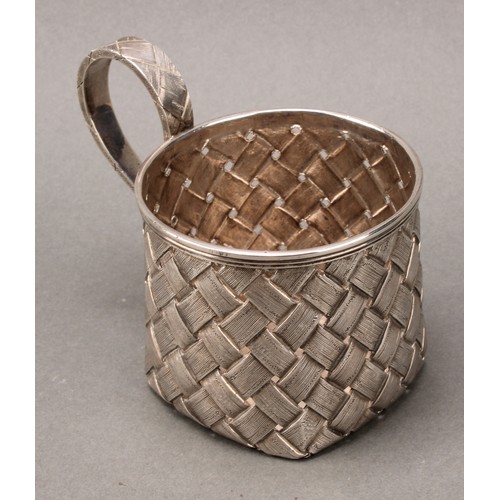 199 - A Russian silver faux basket-weave cup holder, 9cm to top of scroll handle, 84 zolotnik mark, dated ... 