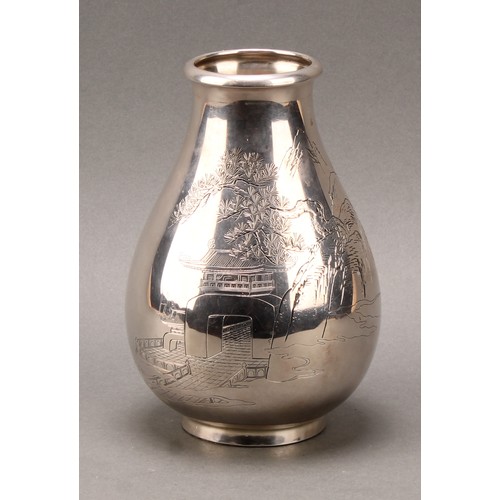 96 - A Japanese silver ovoid vase, engraved with a pagoda and a pine tree, 19cm high, character mark, ear... 