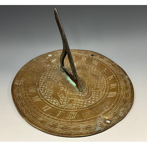 1816 - A brass sundial, engraved with royal coat of arms and inscribed Docet Umbra, 25.5cm diam, 19th/early... 