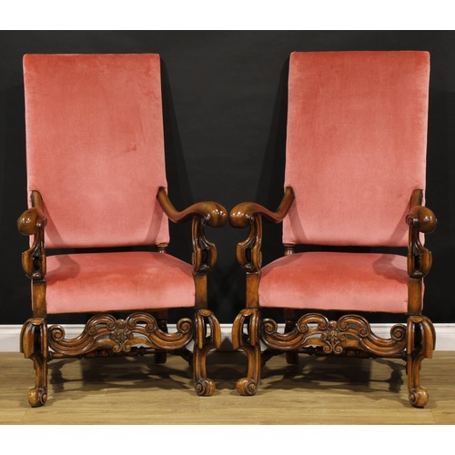 2127 - A pair of William & Mary style open armchairs, stuffed-over upholstery, 131cm high, 77cm wide