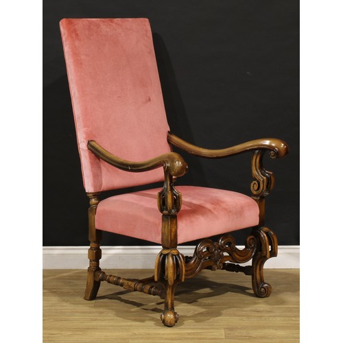 2127 - A pair of William & Mary style open armchairs, stuffed-over upholstery, 131cm high, 77cm wide