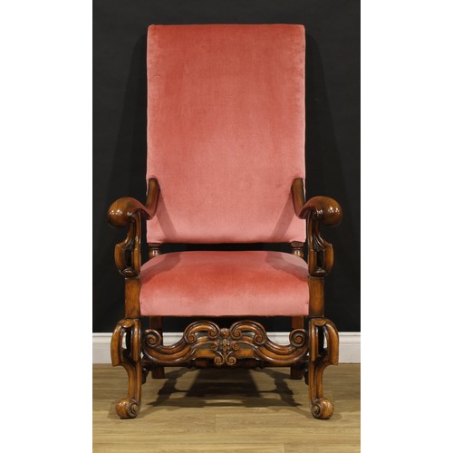 2127 - A pair of William & Mary style open armchairs, stuffed-over upholstery, 131cm high, 77cm wide