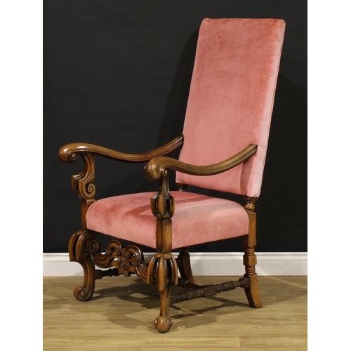 2127 - A pair of William & Mary style open armchairs, stuffed-over upholstery, 131cm high, 77cm wide