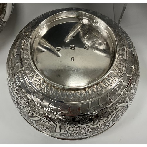 433 - A Victorian aesthetic movement silver four piece tea and coffee service, baluster coffee and teapots... 