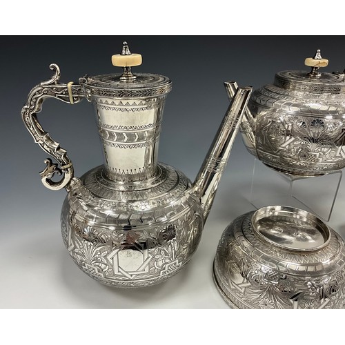 433 - A Victorian aesthetic movement silver four piece tea and coffee service, baluster coffee and teapots... 