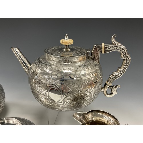 433 - A Victorian aesthetic movement silver four piece tea and coffee service, baluster coffee and teapots... 