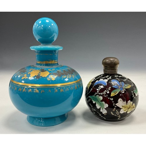 1382 - A 19th century Chinese painted ruby/cherry amber glass globular scent/perfume bottle painted with bu... 