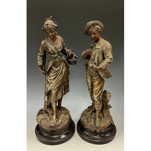 1667 - Émile Bruchon (active 1880-1910), after, pair of bronzed spelter figures, Fisher Woman collecting Sh... 