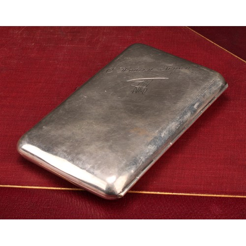 202 - A Russian silver rounded rectangular cigarette case, hinged cover, the clasp set with an amethyst ca... 