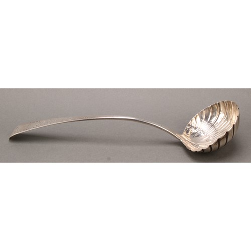 24 - A George III Irish silver Old English pattern soup ladle, shell bowl, 33cm long, Michael Keating, Du... 