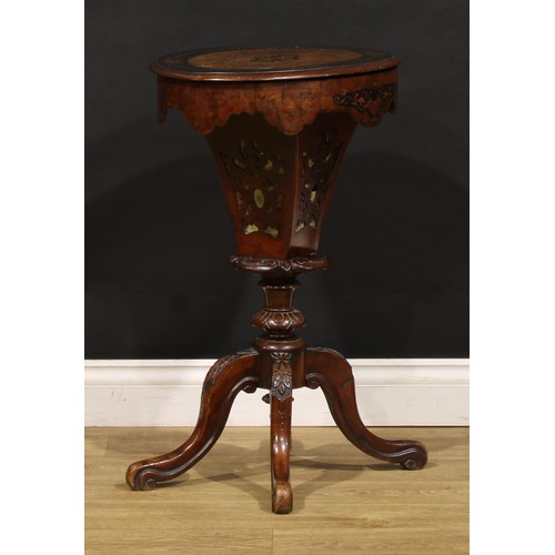 1790 - A Victorian walnut, marquetry and parcel-ebonised work table, hinged top enclosing a compartmented i... 