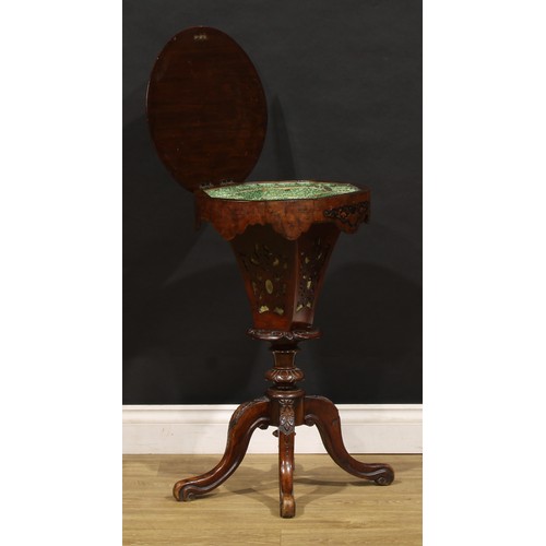 1790 - A Victorian walnut, marquetry and parcel-ebonised work table, hinged top enclosing a compartmented i... 