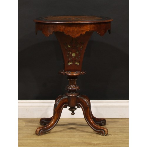 1790 - A Victorian walnut, marquetry and parcel-ebonised work table, hinged top enclosing a compartmented i... 