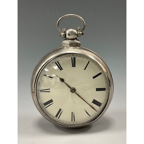 515 - A Victorian silver pair case pocket watch, signed Deacon Barton, 4215 2771, cream dial, Roman numera... 