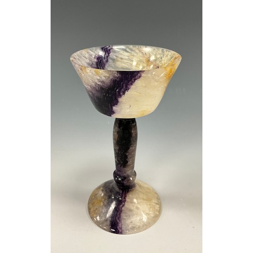 1946 - A Derbyshire Blue John fluorite goblet chalice, deep colour stripped bowl stem and foot, 10.7cm high... 