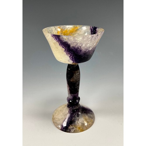 1946 - A Derbyshire Blue John fluorite goblet chalice, deep colour stripped bowl stem and foot, 10.7cm high... 