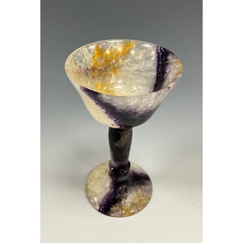 1946 - A Derbyshire Blue John fluorite goblet chalice, deep colour stripped bowl stem and foot, 10.7cm high... 