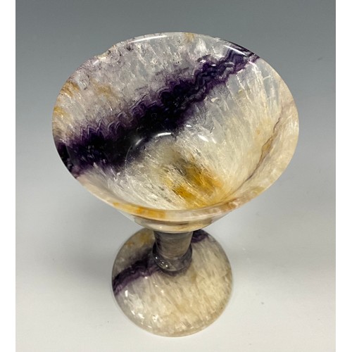 1946 - A Derbyshire Blue John fluorite goblet chalice, deep colour stripped bowl stem and foot, 10.7cm high... 