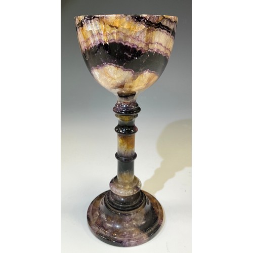 1949 - A Derbyshire Blue John fluorite Old Tor Vein goblet chalice, strong banded bowl, multi knop stem, an... 