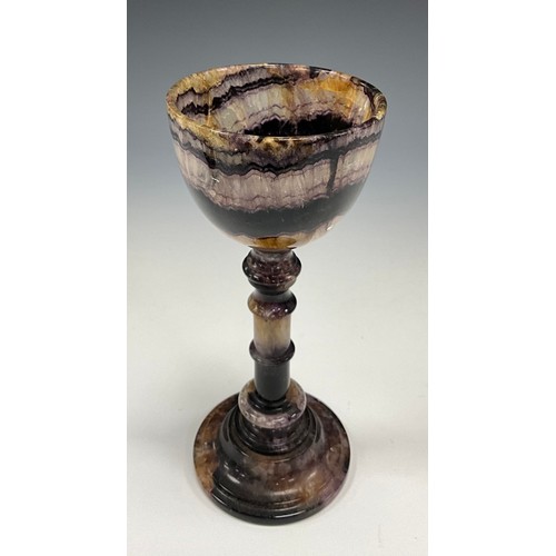 1949 - A Derbyshire Blue John fluorite Old Tor Vein goblet chalice, strong banded bowl, multi knop stem, an... 