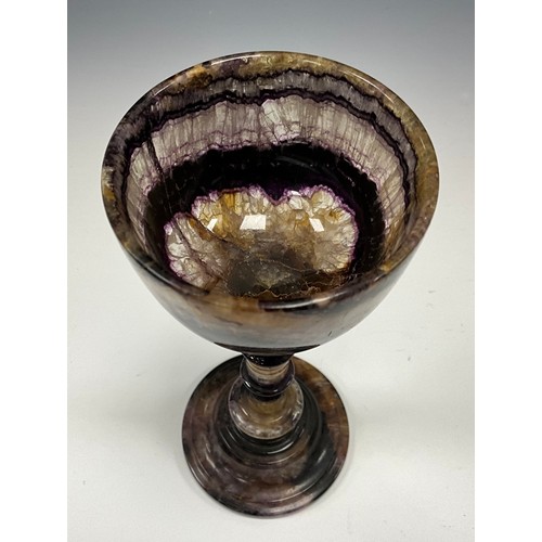 1949 - A Derbyshire Blue John fluorite Old Tor Vein goblet chalice, strong banded bowl, multi knop stem, an... 