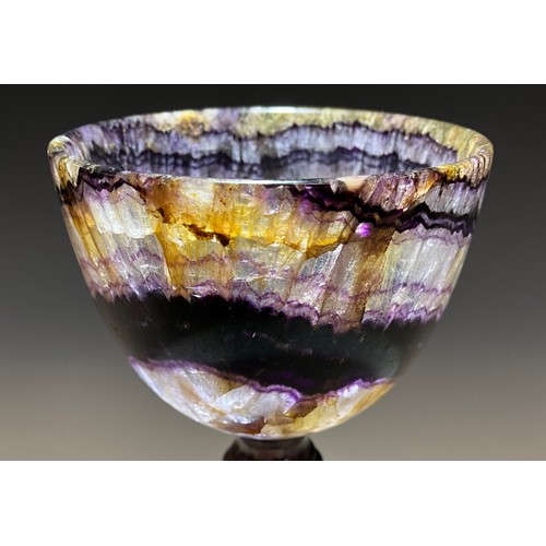 1949 - A Derbyshire Blue John fluorite Old Tor Vein goblet chalice, strong banded bowl, multi knop stem, an... 