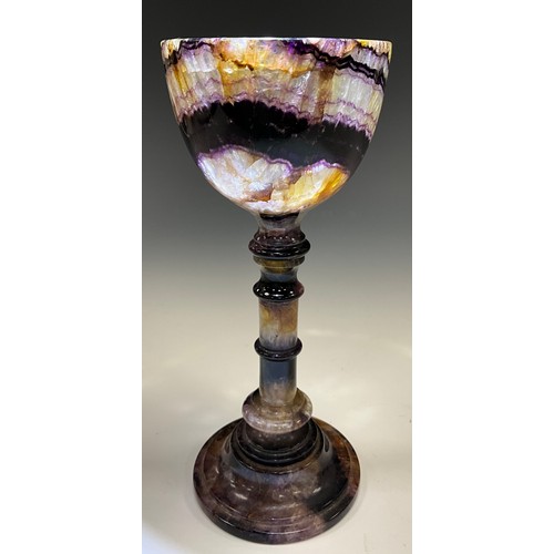 1949 - A Derbyshire Blue John fluorite Old Tor Vein goblet chalice, strong banded bowl, multi knop stem, an... 