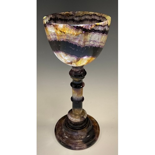 1949 - A Derbyshire Blue John fluorite Old Tor Vein goblet chalice, strong banded bowl, multi knop stem, an... 