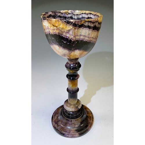 1949 - A Derbyshire Blue John fluorite Old Tor Vein goblet chalice, strong banded bowl, multi knop stem, an... 