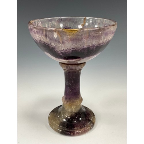 1942 - A Derbyshire Blue John fluorite Cliff Blue vein goblet chalice, deep stripped colour bowl, tapering ... 