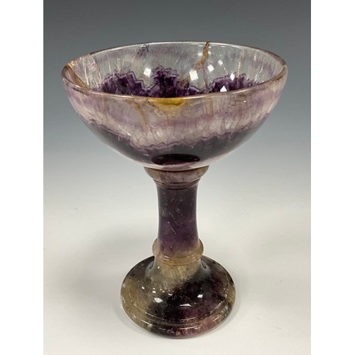 1942 - A Derbyshire Blue John fluorite Cliff Blue vein goblet chalice, deep stripped colour bowl, tapering ... 