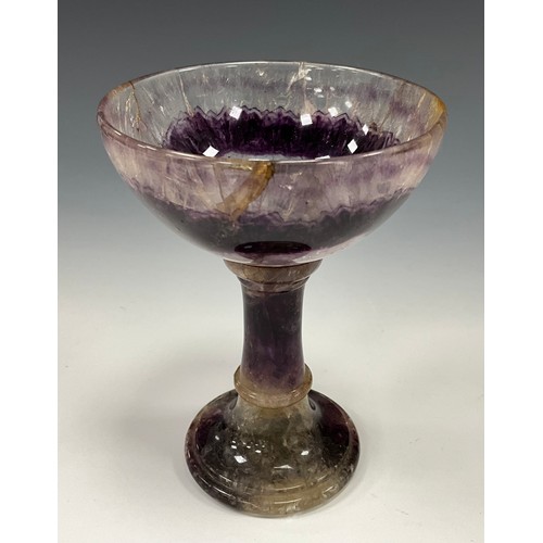 1942 - A Derbyshire Blue John fluorite Cliff Blue vein goblet chalice, deep stripped colour bowl, tapering ... 