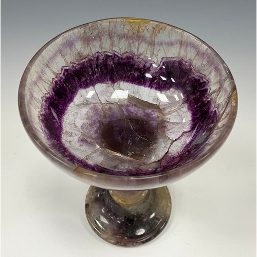 1942 - A Derbyshire Blue John fluorite Cliff Blue vein goblet chalice, deep stripped colour bowl, tapering ... 