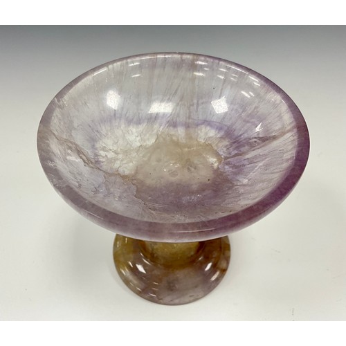 1943 - A Derbyshire Blue John fluorite Cliff Blue vein goblet chalice, shallow pale colour bowl and stem, t... 