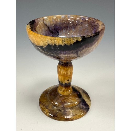 1947 - A Derbyshire Blue John fluorite goblet chalice, shallow multi tone coloured bowl and stem, stepped f... 