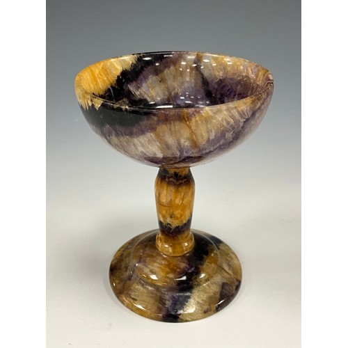 1947 - A Derbyshire Blue John fluorite goblet chalice, shallow multi tone coloured bowl and stem, stepped f... 