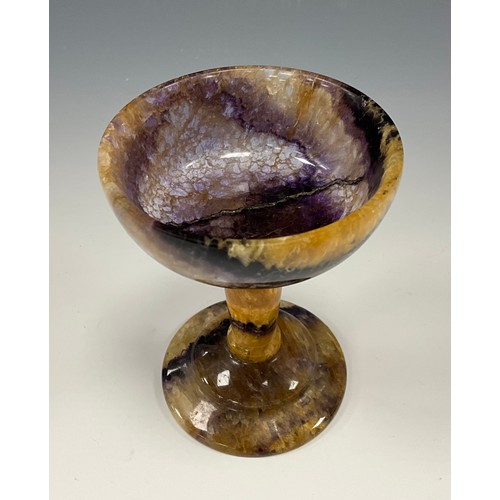 1947 - A Derbyshire Blue John fluorite goblet chalice, shallow multi tone coloured bowl and stem, stepped f... 