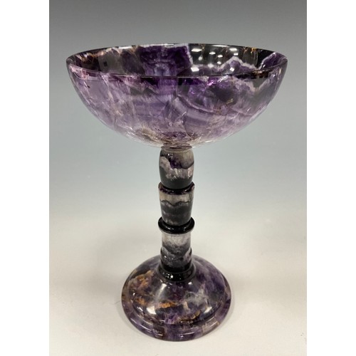 1940 - A Derbyshire Blue John fluorite Cliff Blue vein goblet chalice, deep colour bowl, multi knop stem, t... 