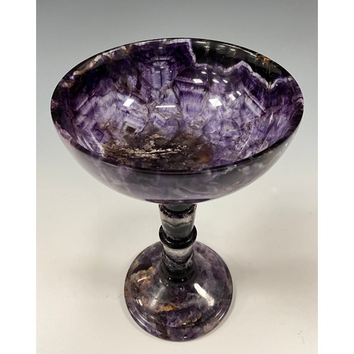 1940 - A Derbyshire Blue John fluorite Cliff Blue vein goblet chalice, deep colour bowl, multi knop stem, t... 