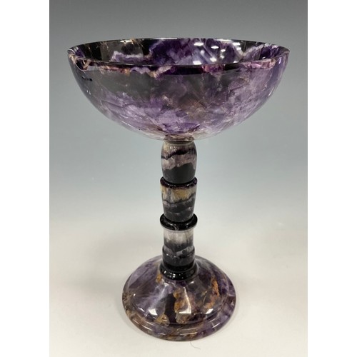 1940 - A Derbyshire Blue John fluorite Cliff Blue vein goblet chalice, deep colour bowl, multi knop stem, t... 