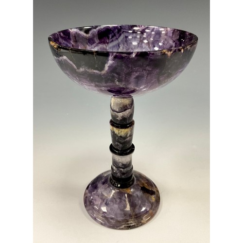 1940 - A Derbyshire Blue John fluorite Cliff Blue vein goblet chalice, deep colour bowl, multi knop stem, t... 