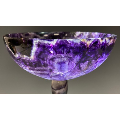 1940 - A Derbyshire Blue John fluorite Cliff Blue vein goblet chalice, deep colour bowl, multi knop stem, t... 