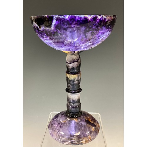 1940 - A Derbyshire Blue John fluorite Cliff Blue vein goblet chalice, deep colour bowl, multi knop stem, t... 