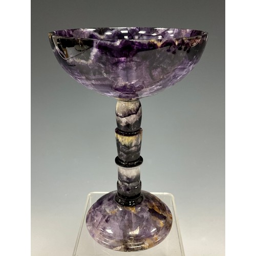 1940 - A Derbyshire Blue John fluorite Cliff Blue vein goblet chalice, deep colour bowl, multi knop stem, t... 